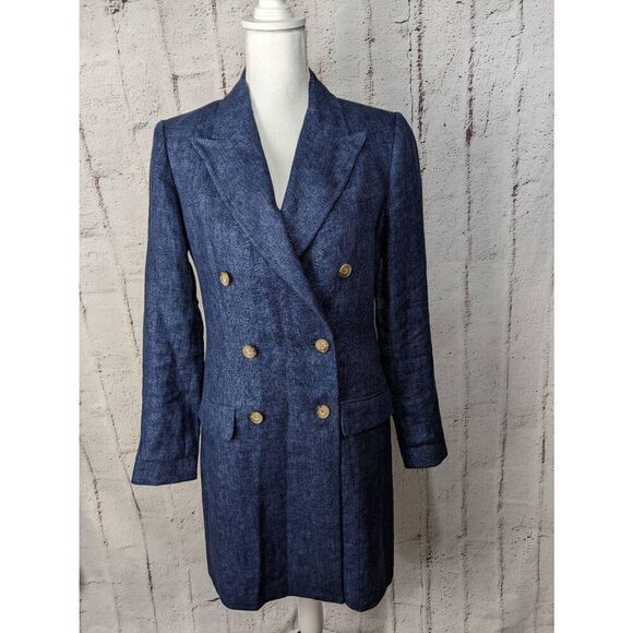 Polo Ralph Lauren Double- Breasted Linen Navy Chambray Long Blazer Coat Lightwei - Picture 2 of 10